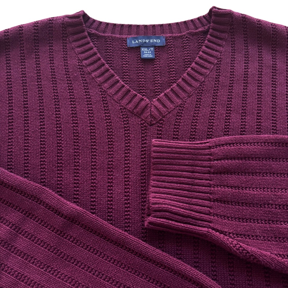 VTG Lands End Mens XXL T VNeck Long Sleeve Burgundy Ribbed Cable Knit Sweater